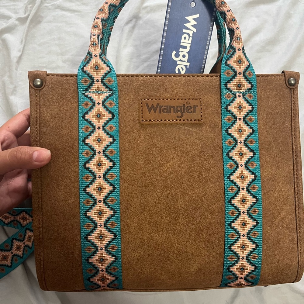 Wrangler Brown Tote Bag with Turquoise Patterned Straps